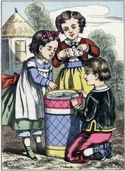 Spelet av macaroons. Gravyr från bildalbumet "The games of childhood". Bildspråk av Epinal, sent 1800-tal. 32 sidor. Mått: 20x14cm