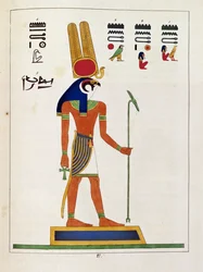 Guden Mandou, illustration från Pantheon egyptien: samling mytologiska karaktärer från det antika Egypten av Jean-Francois Champollion, publicerad ca 1986