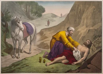 Den barmhärtige samariten, illustration från en katekes LHistoire Sainte, utgiven av Charles Delagrave, Paris, sent 1800-tal
