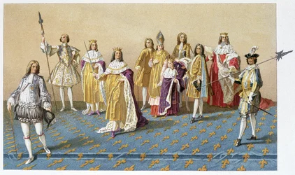De höga dignitärerna vid Ludvig XV:s kröning: markis de Dreux, marskalk de Villars, hertigen av Harcourt, ärkebiskopen och hertigen av Reims, Ludvig XV, prins Karl av Lothringen, hertigen av Villeroy, hertigen av Arnouville