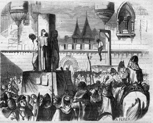 Kättarna hängde och brände på slaktaren av prästerna i Gilbert de la Porree, Bernard de Clairvaux och Abbe Suger, Frankrike