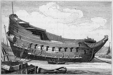 Skrovet på ett stort fartyg på 1600-talet. Gravyr i "La Marine et les colonies: handel"