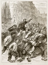 Upprorsmännen som beslagtar vapnen, mars 1871, illustration från Cassells historia om kriget mellan Frankrike och Tyskland, 1870-1871