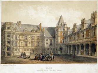 Interiören på borggården i slottet Blois under Francois 1:s tid (1500-talet) - litografi