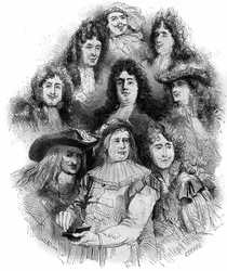 Tolkarna av Moliere vid Comedie Francaise 1862-1863. Från botten till toppen: Provost (Arnolphe), Joseph Samson (1893-1871) (Sganarelle), Geffroy (Clitandre), Bressant (Don Juan), Edmond Got (1822-1901) (Trissolin), Louis Delaunay (1826-1903) (Hor