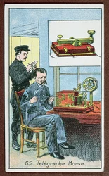 Uppfinningen av telegrafi med morsekod, nummer 65 i en serie kort som visar stora uppfinningar, ca 1910