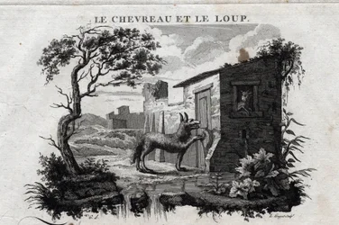 Ungen och vargen. Fabel av Esope. (Grekisk författare Esopo eller Ecopus, 600-talet f.Kr.) Skriven av Guillaume Montfort och Gravees av Beauble 1801.