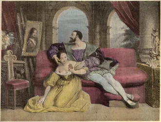 Frankrikes kung Francois I (1494-1547) och det vackra järnverket. Litografi av Daveria från 1838 i ""Laghs Et Galanterie"". Weekly Collection of Galantes Images på regi av John Grand-Carteret. 1903-1904.