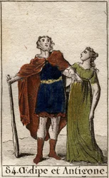 Kungen av Thebe Oidipus med sin dotter Antigone Från "Mythologie de la jeunesse" av Pierre Blanchard 1803.