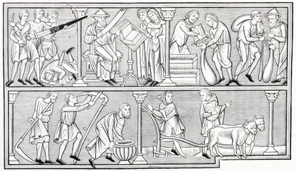 Krigets, vetenskapens, handelns och jordbrukets arbete, efter en miniatyr i en psalter från 1200-talet, från Les Arts au Moyen Age, publicerad 1873