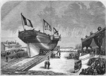 Lanseringen av linjefartyget Quirinal vid La Seyne 1857 (Compagnie des Messageries Maritimes). Gravyr från 1857.