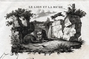 Lejonet och rådjuret. Fabel av Esope. (Grekisk författare Esopo eller Ecopus, 600-talet f.Kr.) Skriven av Guillaume Montfort och Gravees av Beauble 1801.