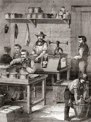 Tillverkningen av vapenbomull på 1800-talet, från Les Merveilles de la Science, publicerad ca 1870 (gravyr)