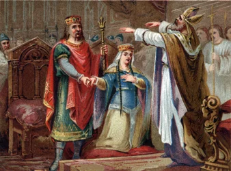 Äktenskapet mellan Clovis (481-511) Frankernas kung med Clothilde 493. Kromolitografi från slutet av 1800-talet.