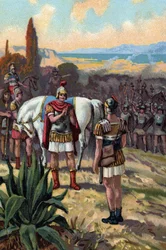 Mötet mellan Julius Caesar (100-44 f.Kr.) och King Pharnace II-bron (97-47 f.Kr.) vid slaget vid Zela 47 f.Kr. och Pharnacias II av Konungariket Pontus