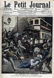 Bussens misstag: en fiaker krossad av en buss på Parisgatan i Amsterdam "Le Petit journal", juni 1907 (gravyr)