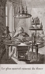 Middagens mest dödliga fiende - gravering i "" Almanach av gourmeter, tjänar som en guide på sätt att göra utmärkt kära. Av en gammal amatör”” av Alexandre Balthazar Laurent Grimod de la Reyniere - 1804-1812