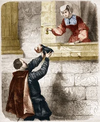 Kung Henrik II:s (1519-1559) och Diane de Poitiers (1499-1566) mystiska kärlekar. Gravyr i "Prostitutionens och utsvävningens historia bland alla världens folk från antiken till våra dagar" av Dr Th. -F. Debray. 1879.