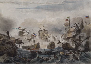 Sjöslaget vid Cape La Hogue 1692, graverat av Chavanne (färgerad etsning)