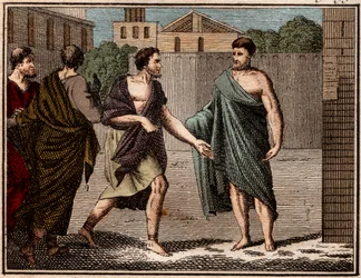 Utfrysningen av Aristides den rättvise (c530-c468 f.Kr.), antik grekisk (atenisk) soldat och statsman.