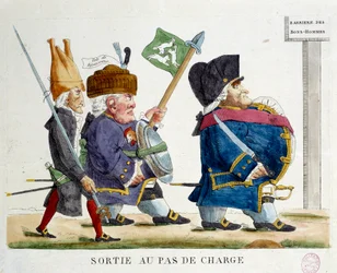 Utgång vid laddningssteget. Teckning som visar män som passerar barriären för de goda männen under restaurationen (1823). Gravyr från 1823. Paris, Musee Carnavalet