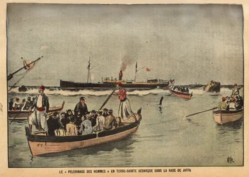 Männens pilgrimsfärd i det heliga landet i Jaffa (Israel). Gravyr i "Le pelerin" 8/09/1901. Selvas samling.
