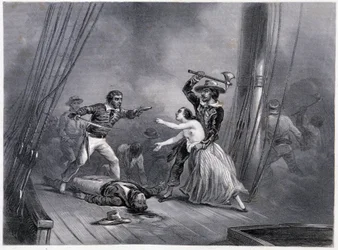 Piraten Morgan kidnappar den vackra spanjorskan - i "General History of the Navy" av bröderna E och V Penaud