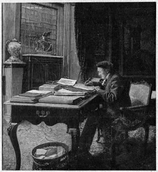 Dramatikern viktorianska Sardou (1831-1908) på sitt kontor. Gravyr i "La gazette du dimanche"" av 2 januari