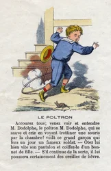 Poltronen. Ett barn som spelar bågen skrämt av en mus. Små pojkar alfabetet. Abecedary har moraliskt värde som innehåller läsövningar. Epinal avbildning sent 1800-tal