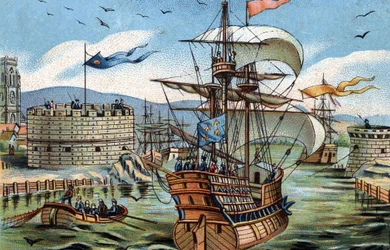 Hamnen i Le Havre 1520. Kromolitografi omkring 1890.