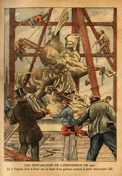 Förberedelserna inför 1900 års utställning, statyn "Pegase hålls i tygeln av Renommee", i gyllene brons, av skulptören Emmanuel Fremiet (1824-1910), svävar på toppen av en av de fyra pylonerna som pryder Alexander III-bron. Engr