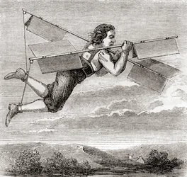 Den franske låssmeden Jacob Besniers påstådda flygning med hjälp av en egenkonstruerad flygapparat 1678, från "Les Merveilles de la Science", publicerad ca 1870 (litho)