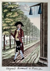 En emigrant återvänder i slutet av den franska revolutionen. En adelsman i trasiga kläder som flydde staden under revolutionen. Gravyr från 1800-talet Paris, Musee Carnavalet