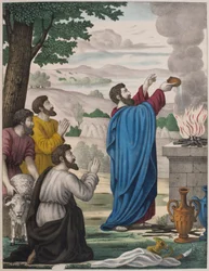 Elias och Baals prästers rivaliserande offer, illustration från en katekes LHistoire Sainte, publicerad av Charles Delagrave, Paris, sent 1800-tal