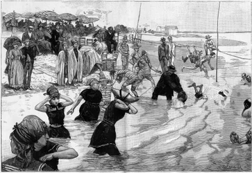 Havsbaden vid tiden för stoet på en strand i Normandie, Frankrike, i "" Le Monde Illustré""