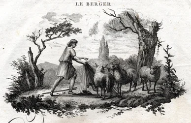 Herden. Fabel av Esope. (Grekisk författare Esopo eller Ecopus, 600-talet f.Kr.) Skriven av Guillaume Montfort och Gravees av Beauble 1801.