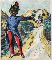 Det sjuka lejonet och räven. Fabler av Jean de La Fontaine (1621-95). Epinal avbildning från slutet av 1800-talet.