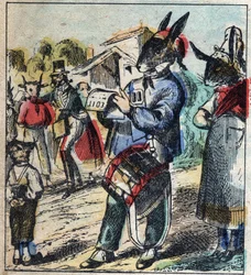 Det sjuka lejonet och räven. Fabler av Jean de La Fontaine (1621-95). Epinal avbildning från slutet av 1800-talet.