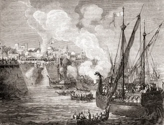 Den osmanske sultanen Mehmed II:s belägring av Konstantinopel 1453, från Les Merveilles de la Science, publicerad ca 1870 (gravyr)