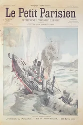 Förlisningen av det ryska flaggskeppet Petropavlovsk den 13 april 1904, omslagsillustration av Le Petit Parisien, 1 maj 1904