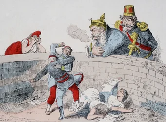 Situationen - Gauillaume: Vi måste hjälpa galna människor, Badingue (Napoleon III): Låt dem göra min bror, det kommer att vara dags att ingripa när de (parisarna) har slukt sig själva. Tecknad film om kommunen.