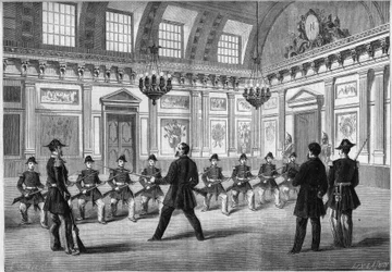 Son till Napoleon III, kejserlig prins (1856-1879), som övade vapen med vaktens avdelningar, inför sin far kejsar Napoleon III (1808-1873), i vaktrummet på slottet i Compiegne. Gravyr i "" Le Monde Illustré"" nr 349 av 19 december