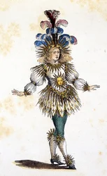 Solkungen i teaterdräkt. sd. 1700-talet