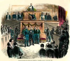 Edgången för Louis Napoleon III (Louis-Napoleon), som officiellt utropades till republikens president i nationalförsamlingen den 20 december 1848. Han lovar ”att förbli trogen den enda och odelbara demokratiska republiken och att fullgöra alla de”