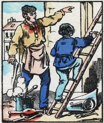 Den pirrande. Gravyr i "" La chanson des metier"". Epinal avbildning, sent 1800-tal. Privat samling