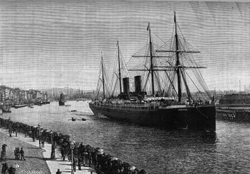 Det transatlantiska linjefartyget "" La Gascogne"" i hamnen i Le Havre 1887. Gravyr i den berömda tidskriften "" La jeunesse""