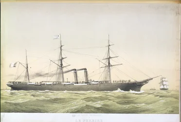 Det transatlantiska paddelfartyget Le Pereire som korsar från Le Havre till New York, ca 1860