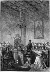 Rättegången mot Lord William Russell (1639-1683) - gravyr från "The History of England, from the tidigast times" av Francois Guizot 1877