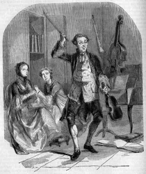 Violinisten och kompositören Jean Philippe (Jean-Philippe) Rameau (1683-1764) komponerade, omgiven av familjemedlemmar. Gravyr av Andrieux