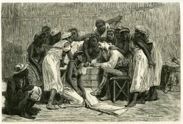 Besöket av drottningarna, kung Sepopos sexton fruar, i Dr Holubs låda. Gravyr av D.Maillard, för att illustrera berättelsen "Au pays des Marutses", 1875-1879, av Dr. Emile Holub (1847-1902). Publicerad i Tour du monde, 2:a terminen 1883, redigerad